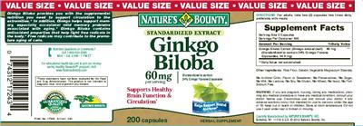 Photo of the Nature's Bounty Ginkgo Biloba 60 mg label