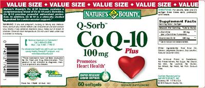 Photo of the Nature's Bounty Q-Sorb Co Q-10 plus 100 mg label
