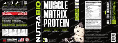 Photo of the NutraBio Muscle Matrix Protein Cookies & Cream label