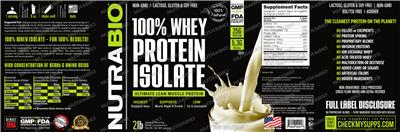 Photo of the NutraBio 100% Whey Protein Isolate Raw Unflavored label