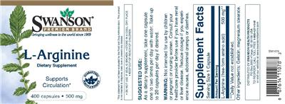 Photo of the Swanson Premium Brand L-Arginine 500 mg label