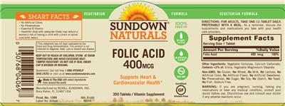 Photo of the Sundown Naturals Folic Acid 400 mcg label