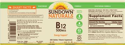 Photo of the Sundown Naturals B12 500 mcg label