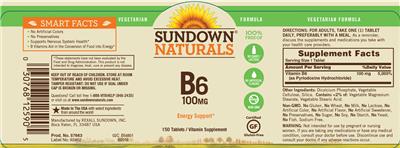 Photo of the Sundown Naturals B6 100 mg label