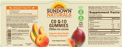 Photo of the Sundown Naturals Co Q-10 Gummies 200 mg Peach Mango Flavored label