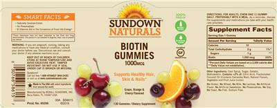 Photo of the Sundown Naturals Biotin Gummies 1000 mcg label