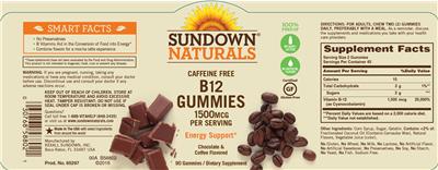 Photo of the Sundown Naturals Caffeine Free B12 Gummies 1500 mcg label