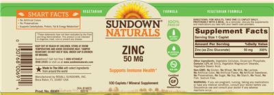 Photo of the Sundown Naturals Zinc 50 mg label