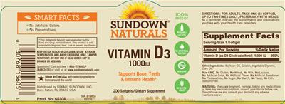 Photo of the Sundown Naturals Vitamin D3 1000 IU label