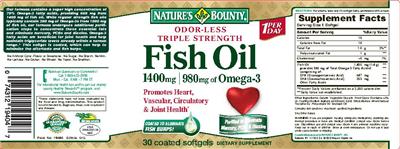 Photo of the Nature's Bounty Odor-Less Triple Strength Fish Oil 1400 mg label