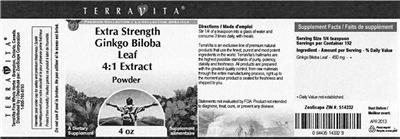 Photo of the TerraVita Extra Strength Ginkgo Biloba Leaf 4:1 Extract Powder label