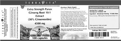 Photo of the TerraVita Extra Strength Panax Ginseng Root 10:1 Extract (30% Ginsenosides) 4500 mg label