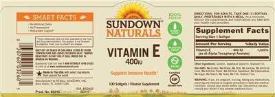 Photo of the Sundown Naturals Vitamin E 400 IU label