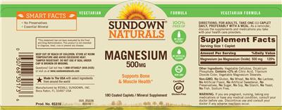 Photo of the Sundown Naturals Magnesium 500 mg label