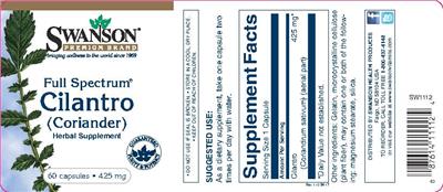 Photo of the Swanson Premium Brand Full Spectrum Cilantro (Coriander) 425 mg label