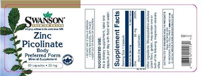 Photo of the Swanson Premium Brand Zinc Picolinate 22 mg label