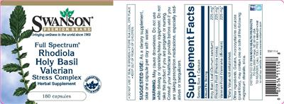 Photo of the Swanson Premium Brand Full Spectrum Holy Basil Valerian Stress Complex label