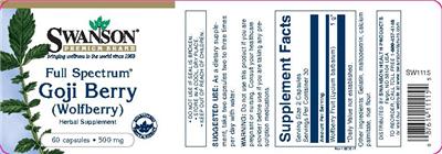 Photo of the Swanson Premium Brand Full Spectrum Goji Berry (Wolfberry) 500 mg label