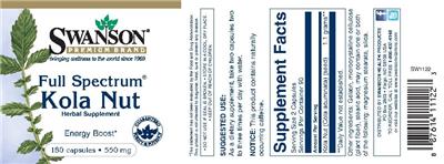 Photo of the Swanson Premium Brand Full Spectrum Kola Nut 550 mg label