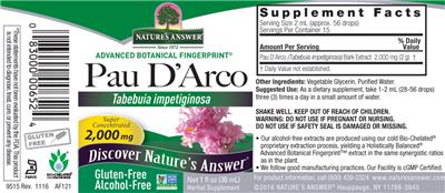 Photo of the Nature's Answer Pau d'Arco 2,000 mg Alcohol-Free label