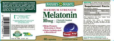 Photo of the Nature's Bounty Maximum Strength Melatonin 10 mg label