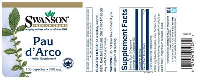 Photo of the Swanson Premium Brand Pau d'Arco 500 mg label