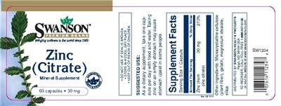 Photo of the Swanson Premium Brand Zinc (Citrate) 30 mg label