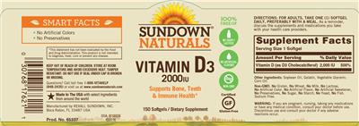 Photo of the Sundown Naturals Vitamin D3 2000 IU label