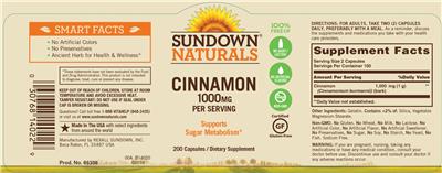 Photo of the Sundown Naturals Cinnamon 1000 mg label