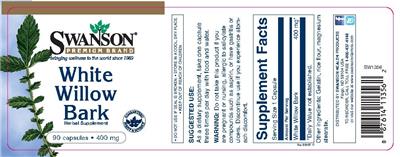 Photo of the Swanson Premium Brand White Willow Bark 400 mg label