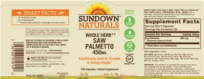Photo of the Sundown Naturals Saw Palmetto 450 mg label