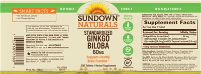 Photo of the Sundown Naturals Standardized Ginkgo Biloba 60 mg label