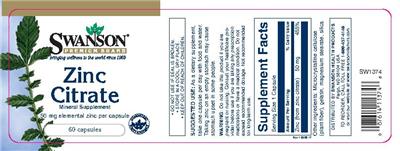 Photo of the Swanson Premium Brand Zinc Citrate 50 mg label
