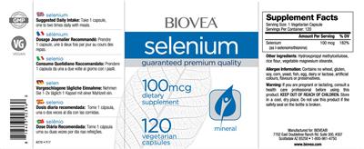 Photo of the BIOVEA Selenium 100 mcg label