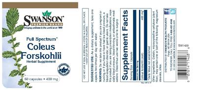 Photo of the Swanson Premium Brand Full Spectrum Coleus Forskohlii 400 mg label