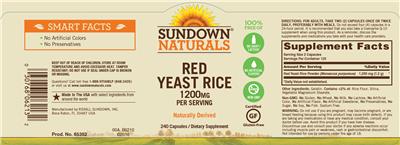 Photo of the Sundown Naturals Red Yeast Rice 1200 mg label