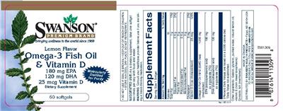 Photo of the Swanson Premium Brand Omega-3 Fish Oil & Vitamin D Lemon Flavor label