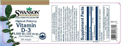 Photo of the Swanson Premium Brand Highest Potency Vitamin D-3 125 mcg label