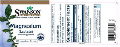 Photo of the Swanson Premium Brand Magnesium (Lactate) 84 mg label