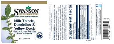Photo of the Swanson Premium Brand Milk Thistle, Dandelion & Yellow Dock Herbal Liver Purifier label