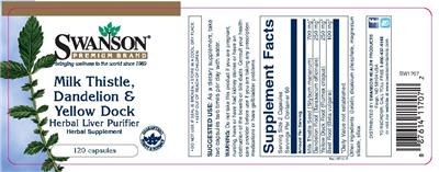 Photo of the Swanson Premium Brand Milk Thistle, Dandelion & Yellow Dock Herbal Liver Purifier label
