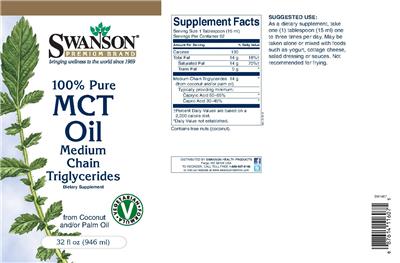 Photo of the Swanson Premium Brand 100% Pure MCT Oil Medium Chain Triglycerides label