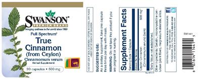 Photo of the Swanson Premium Brand Full Spectrum True Cinnamon (from Ceylon) 600 mg label