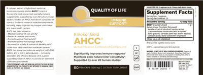 Photo of the Quality Of Life Kinoko Gold AHCC 500 mg label