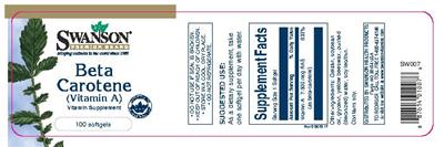 Photo of the Swanson Premium Brand Beta Carotene (Vitamin A) label