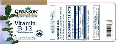 Photo of the Swanson Premium Brand Vitamin B-12 500 mcg label