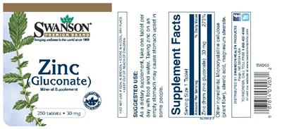 Photo of the Swanson Premium Brand Zinc (Gluconate) 30 mg label