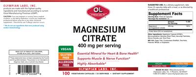 Photo of the OL Olympian Labs Magnesium Citrate 400 mg label