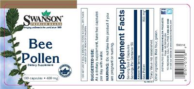 Photo of the Swanson Premium Brand Bee Pollen 400 mg label