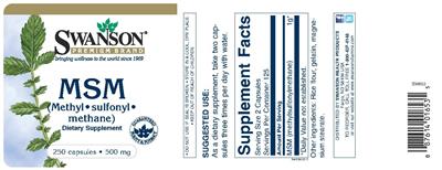 Photo of the Swanson Premium Brand MSM (Methyl-Sulfonyl-Methane) 500 mg label